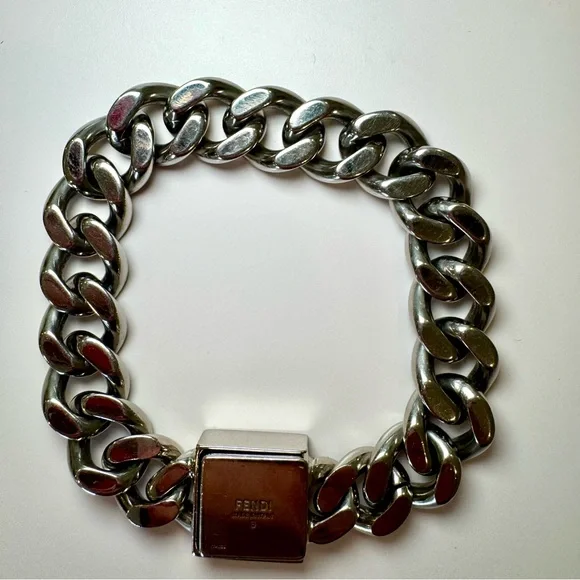 Fendi FF Logo Chain Link Bracelet In Silver And Gold Tone Metal, Size Small - Picture 7 of 12